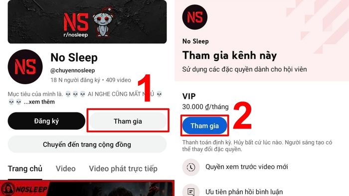 Các bước đăng ký hội viên YouTube trên điện thoại - bước 1 và 2
