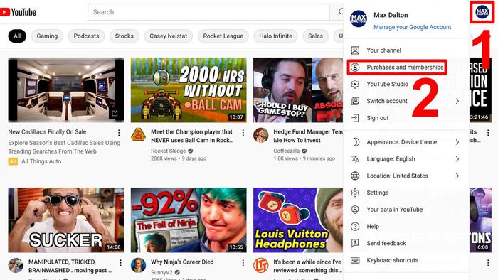 Hướng dẫn hủy gói hội viên YouTube - bước 1