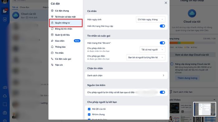 tắt chế độ đã xem trên Zalo qua mục quyền riêng tư