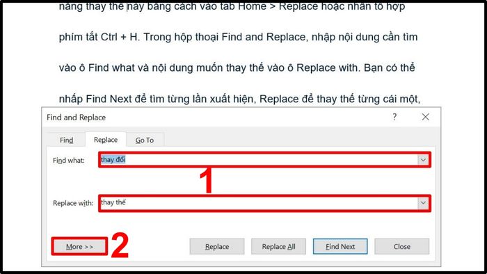 Thực hiện thay thế văn bản nâng cao bằng lệnh Find and Replace