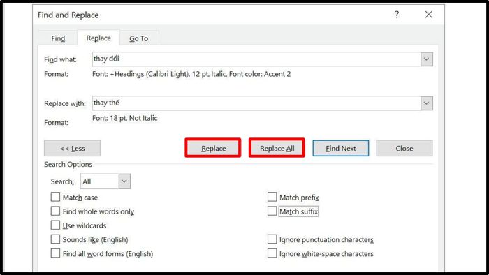Thực hiện thay thế định dạng văn bản bằng lệnh Replace trong Word