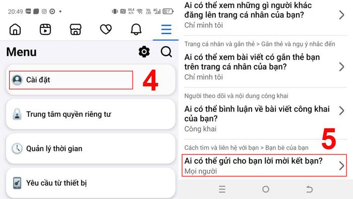 Cách chặn lời mời kết bạn trên Facebook qua điện thoại - các bước 4, 5