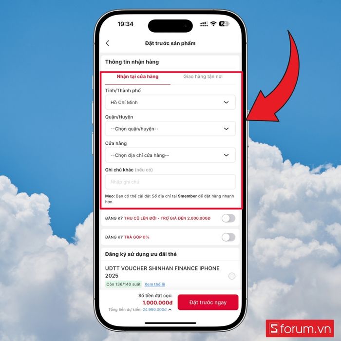 Bước 4 trong hướng dẫn đặt hàng iPhone 17 qua app CellphoneS cực nhanh.