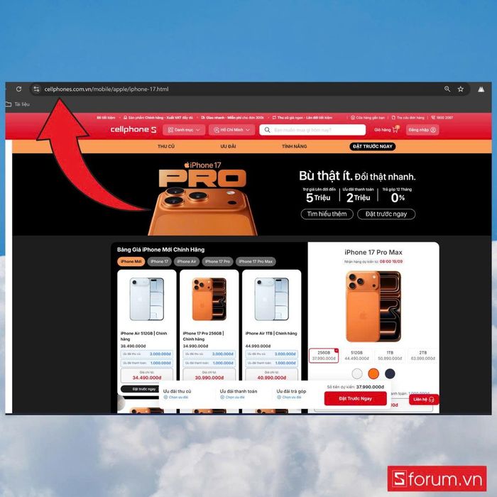 Bước 1 trong việc đặt hàng trực tuyến qua website CellphoneS cho iPhone 17.