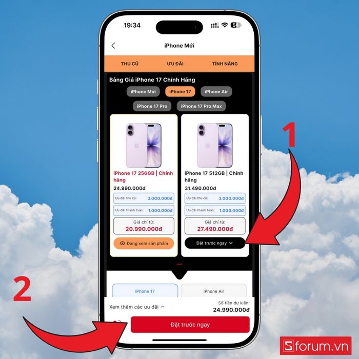 Bước 3 trong hướng dẫn đặt hàng iPhone 17 qua app CellphoneS cực nhanh.