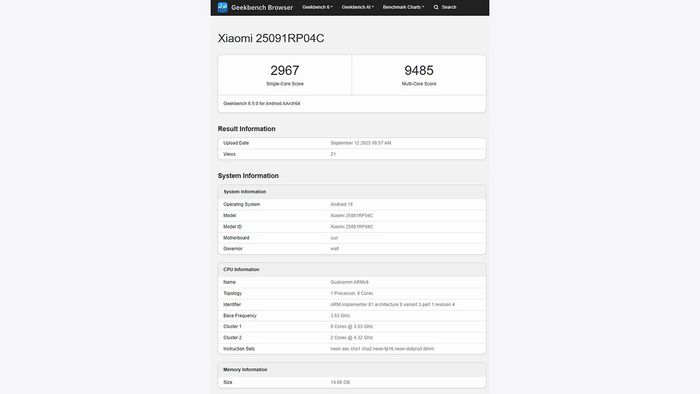 Hiệu năng ấn tượng của Xiaomi Pad 8 Pro được thể hiện rõ qua điểm số Geekbench cao