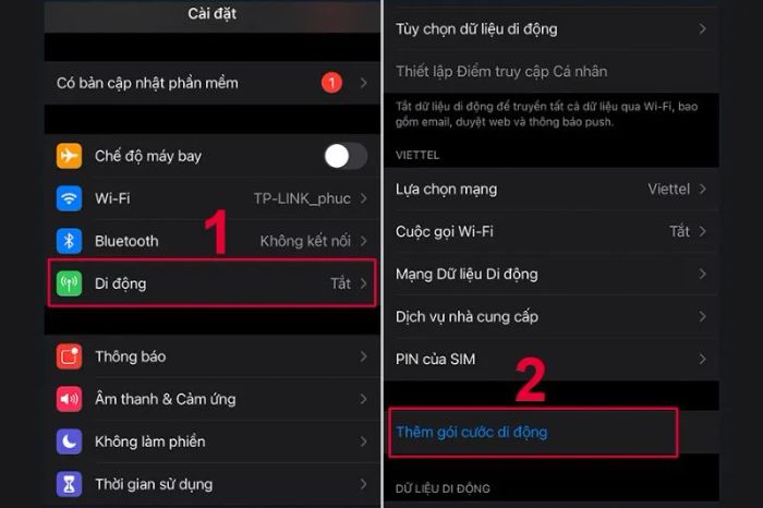 Giao diện của ứng dụng Cài đặt trên iPhone