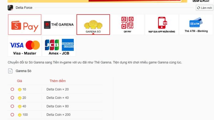 Hướng dẫn nạp Delta Force qua chuyển Garena Sò - Bước 2