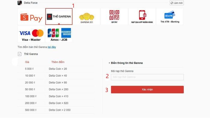 Hướng dẫn nạp tiền Delta Force qua thẻ Garena - Bước 2