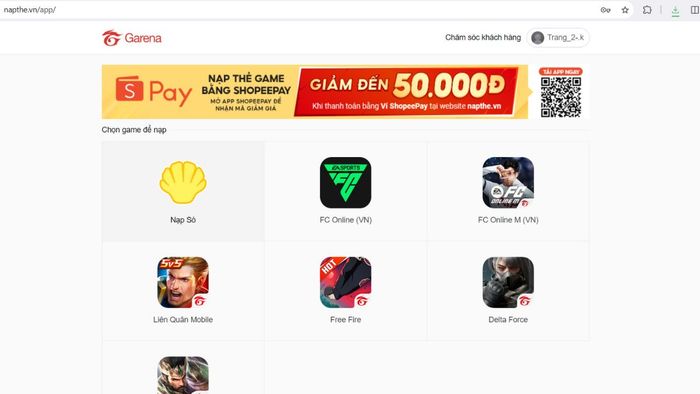 Hướng dẫn nạp sò Delta Force qua thẻ Garena - Bước 1
