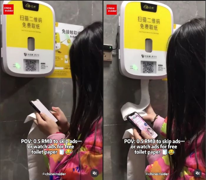Quét mã QR trên máy, sau đó xem quảng cáo trên điện thoại để nhận một lượng giấy nhất định.