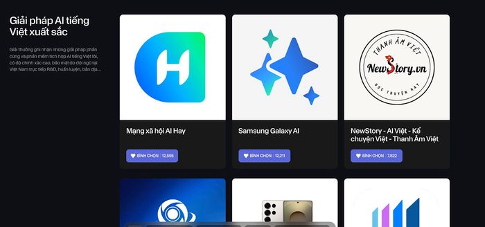 Cả AI Hay và Galaxy AI đang vươn lên dẫn đầu trong hạng mục Giải pháp AI tiếng Việt xuất sắc.