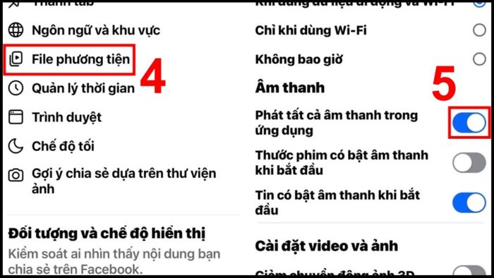 Hướng dẫn cách tắt âm thanh khi like trên Facebook bằng iPhone - bước 3, 4, 5.