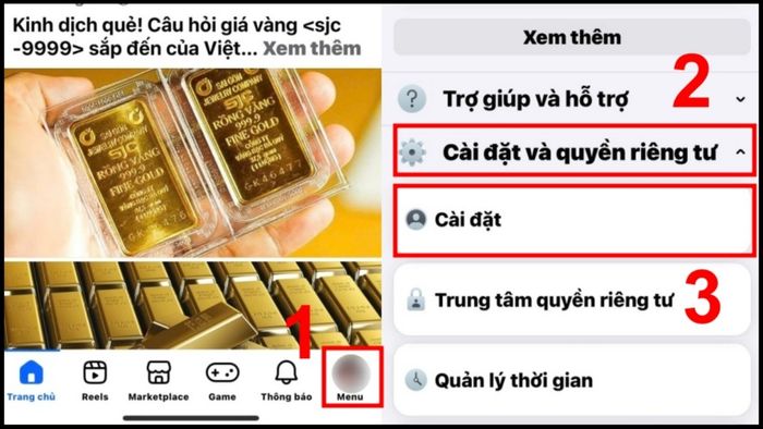 Hướng dẫn tắt âm thanh khi like trên Facebook bằng iPhone - bước 1, 2.