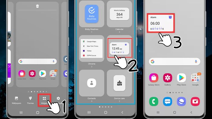 Để thêm widget mặc định trên Android, chỉ cần giữ màn hình chính và chọn mục Widgets để tìm kiếm tiện ích bạn muốn sử dụng.