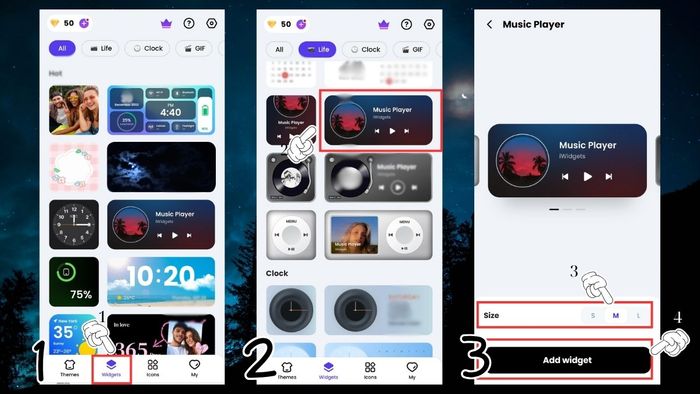 Ứng dụng tạo widget Android cho phép bạn thêm các tiện ích có sẵn như trình phát nhạc, và tùy chỉnh kích thước widget trước khi đưa nó lên màn hình chính.