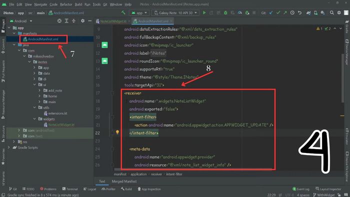 Khai báo widget trong AndroidManifest.xml để hoàn tất quy trình tạo widget cho Android.