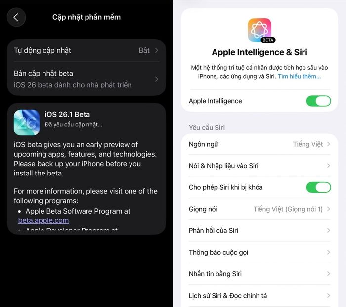 Tùy chọn ngôn ngữ Tiếng Việt đã xuất hiện bất ngờ trong phần cài đặt của Apple Intelligence trên iOS 26.1 Beta.