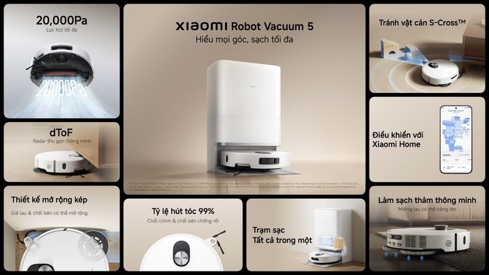 Xiaomi Robot Vacuum 5 Series với lực hút mạnh mẽ lên đến 20,000Pa