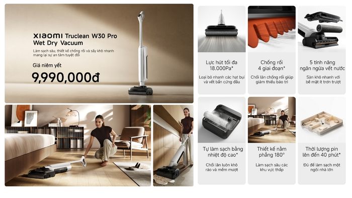 Máy hút bụi lau nhà cầm tay Truclean W30 Pro với công suất hút 18,000Pa