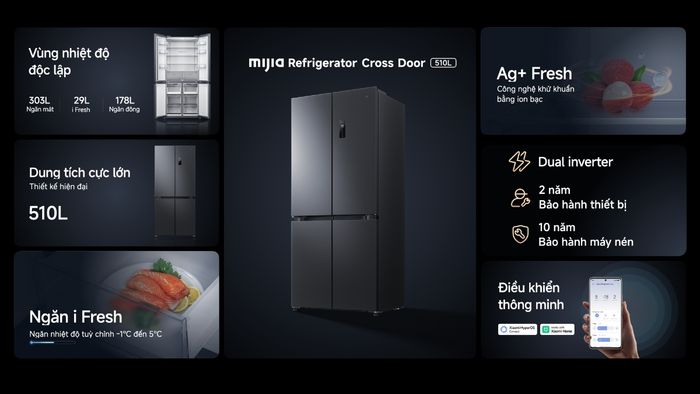 Tủ lạnh Mijia Refrigerator Cross Door 510L sở hữu không gian lưu trữ rộng rãi với dung tích lên đến 510 lít