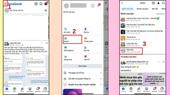 Hướng dẫn bật thông báo nhóm trên Facebook qua điện thoại - bước 1