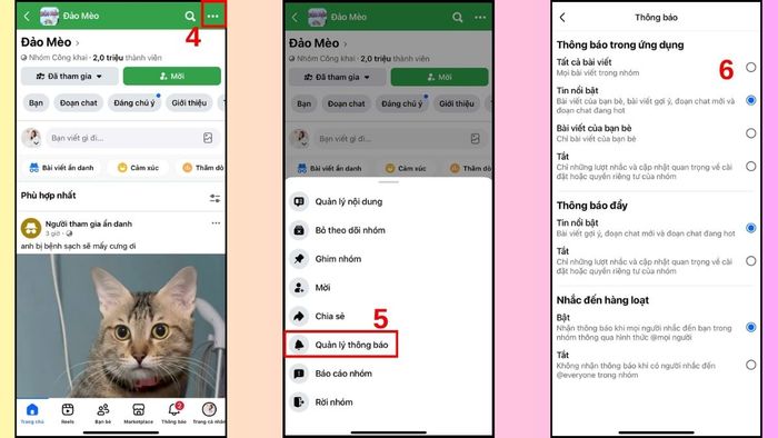 Hướng dẫn bật thông báo nhóm trên Facebook qua điện thoại - bước 2 và 3