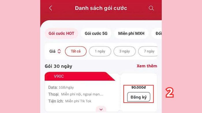 Đăng ký gói V90C trên My Viettel
