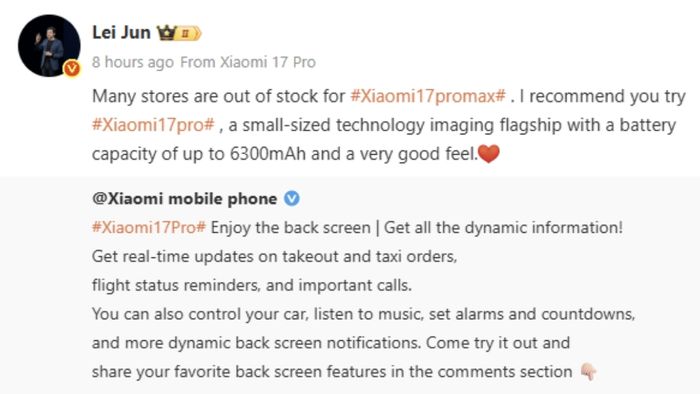 Bài viết của CEO Lei Jun trên mạng xã hội chia sẻ về Xiaomi 17 Pro Max và Xiaomi 17 Series.
