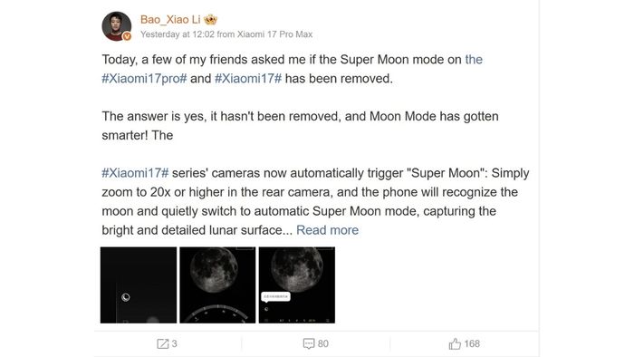 Giám đốc bộ phận camera của Xiaomi chính thức giải đáp những câu hỏi xoay quanh chế độ Super Moon trên Xiaomi 17