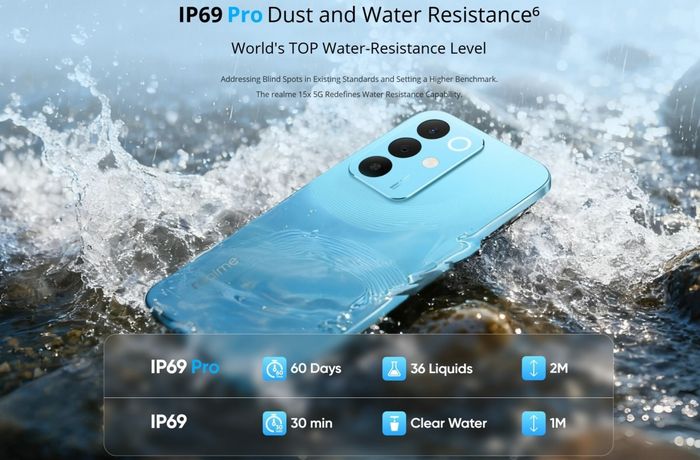 realme 15x được trang bị khả năng kháng nước và chống bụi chuẩn IP69 Pro ấn tượng.