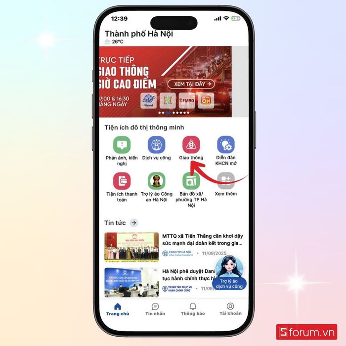 Chọn vào mục Giao thông để truy cập các thông tin liên quan.