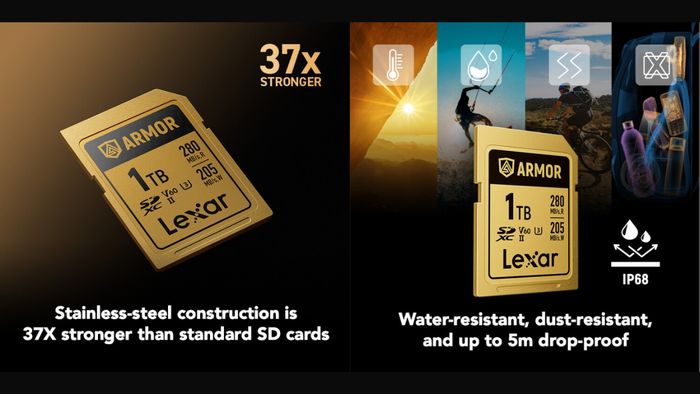 Thẻ nhớ Lexar ARMOR 1TB sở hữu lớp vỏ thép không gỉ bền gấp 37 lần và đạt chuẩn IP68