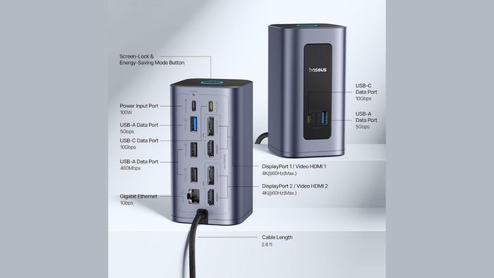 Baseus Nomos NU1 mang hình dạng hộp chữ nhật với lớp vỏ kim loại màu xám đậm.