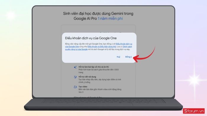 Chấp nhận điều khoản dịch vụ của Google One.