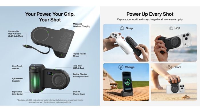 Stage PowerGrip cũng đóng vai trò là viên pin dự phòng dung lượng 9,300mAh, giúp kéo dài thời gian sử dụng smartphone của bạn.
