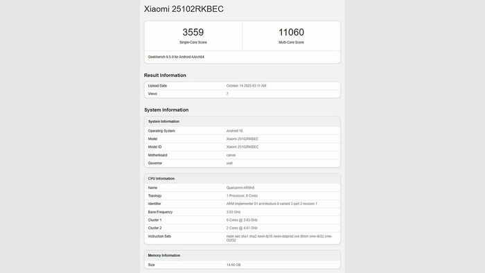 Redmi K90 Pro ghi điểm mạnh mẽ với hiệu suất vượt trội trên Geekbench