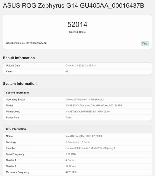 iGPU Xe3 12 lõi trên con chip Panther Lake đạt 52,014 điểm trong bài kiểm tra OpenCL của Geekbench.