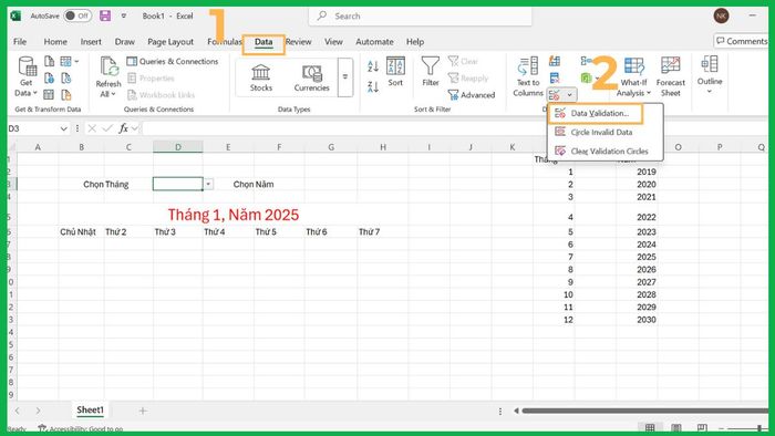 Tạo lịch thủ công bằng hàm trong Excel 1