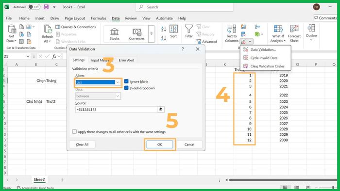 Tạo lịch thủ công bằng hàm trong Excel 2