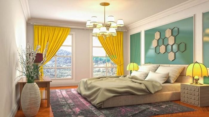 Một ý tưởng trang trí phòng ngủ với gam màu tươi sáng, mang lại sự hài hòa và hợp phong thủy.