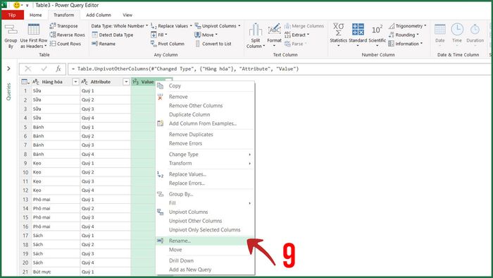 Bước 4 trong ví dụ sử dụng Power Query để chuẩn hóa dữ liệu doanh thu theo quý.