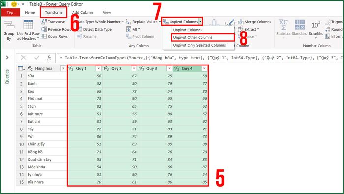 Bước 3 trong ví dụ sử dụng Power Query để đưa dữ liệu doanh thu theo quý về dạng chuẩn.