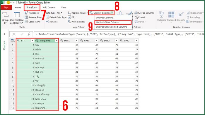 Bước 2 trong việc sử dụng Power Query để sắp xếp lại dữ liệu trong Excel.