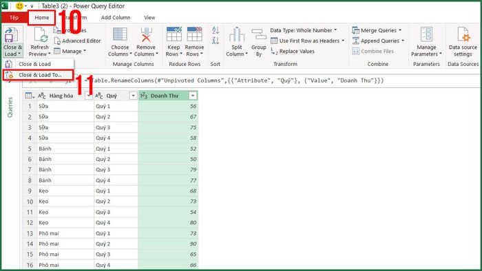 Bước 5 trong ví dụ sử dụng Power Query để chuẩn hóa dữ liệu doanh thu theo quý.
