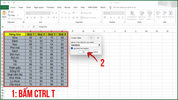 Bước 1 trong ví dụ sử dụng Power Query để đưa dữ liệu doanh thu theo quý về dạng chuẩn.