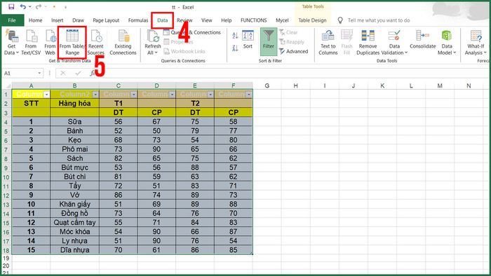 Bước 1.2 trong việc sử dụng Power Query để giải quyết bảng có ô gộp.
