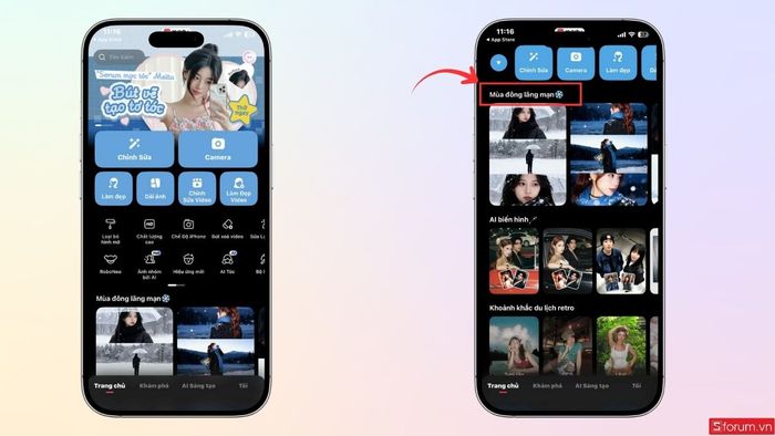 Tìm mục 'Mùa đông lãng mạn' trên giao diện Meitu để tiếp tục.