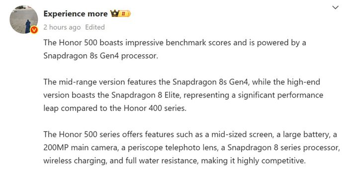 HONOR 500 Pro sẽ sử dụng vi xử lý Snapdragon 8 Elite