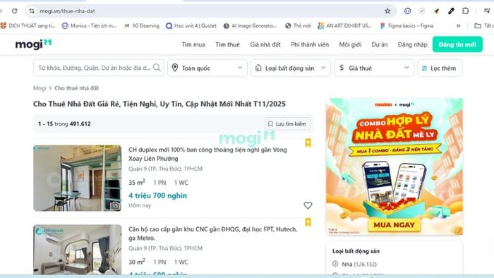 Giao diện chính của website khi tìm phòng trọ tại Mytour.vn.